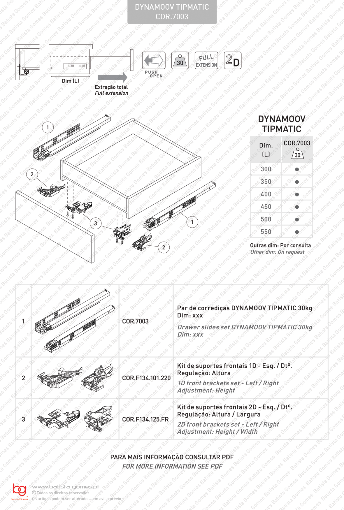 Corredi�as ocultas TIPMATIC (Sistema Push Open) para gavetas / Extra��o total / 30kg